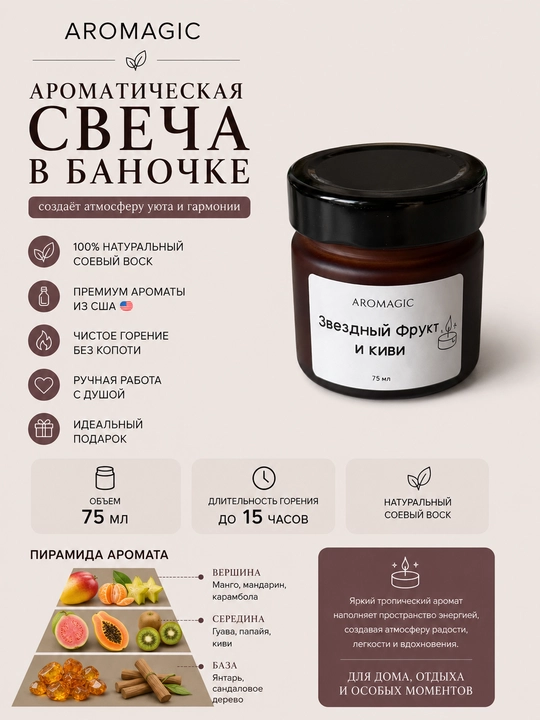 Ароматическая свеча в баночке AROMAGIC "Звездный фрукт и киви", 100 мл - 