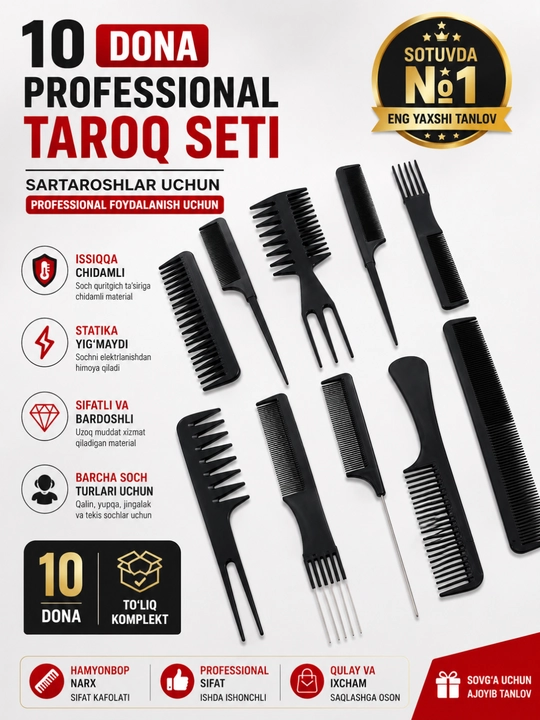 Professional sartaroshlar uchun taroqlar to‘plami (10 dona) - 