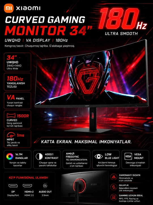 O'yin monitori Xiaomi Curved Gaming Monitor, 34"Dyum UWQHD3440x1440 VA ,180Hz G34WQ 2026