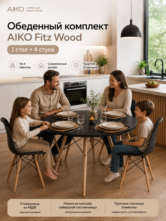 AIKO Stockholm MDF ovqatlanish to'plami, 1 ta stol va 4 ta stul, oshxona uchun, 4 kishilik