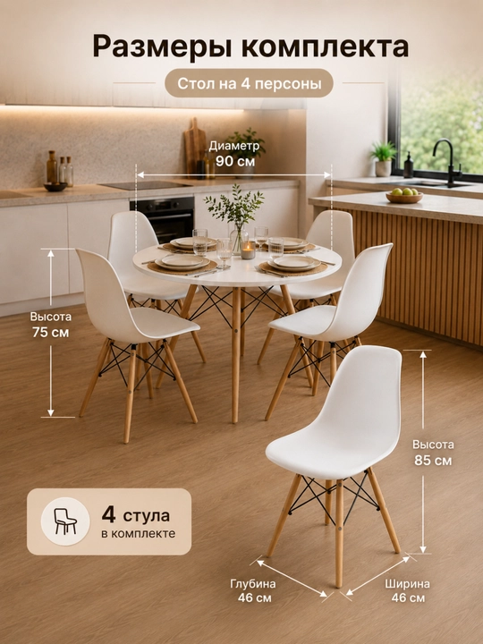 AIKO Stockholm MDF ovqatlanish to'plami, 1 ta stol va 4 ta stul, oshxona uchun, 4 kishilik