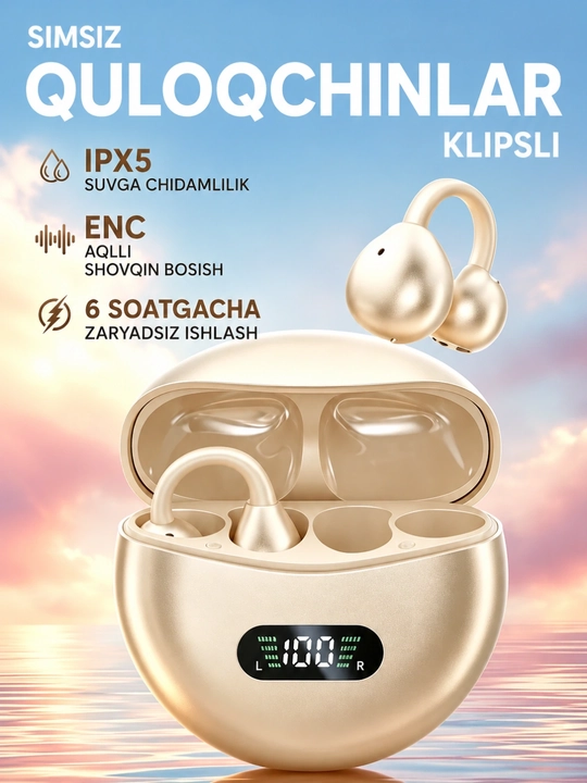 Simsiz quloqchinlar, Bluetooth, IPX5 namlikdan himoya, 60 soatlik xizmat muddati - 