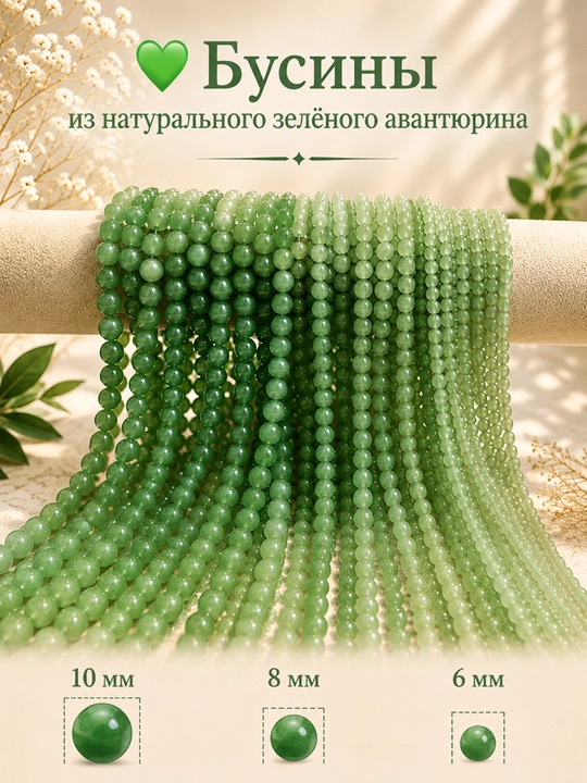 Бусины из натурального зелёного авантюрина - 