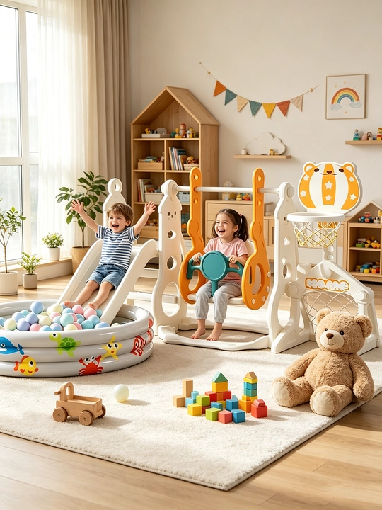 Детский игровой комплекс, с горкой, качелями и баскетболом, до 50 кг