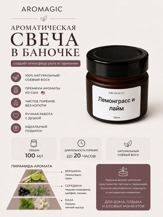 Ароматическая свеча в баночке AROMAGIC "Лемонграсс  и лайм", 100 мл - 