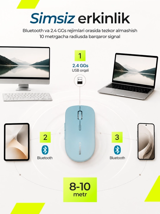 Simsiz sichqoncha  Canyon MW-12, Dual Mode, Bluetooth, 2.4GHz, ovozsiz