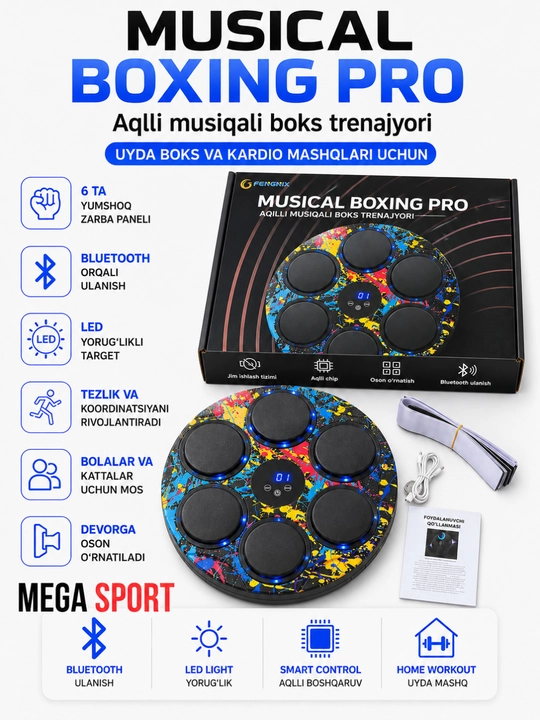 Musical Boxing Pro aqlli musiqali boks trenajyori, Bluetooth va LED targetli