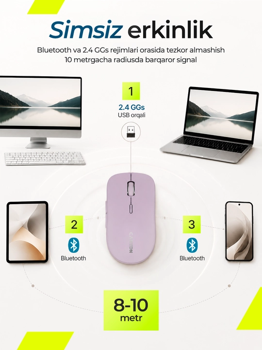 Simsiz sichqoncha  Canyon MW-12, Dual Mode, Bluetooth, 2.4GHz, ovozsiz