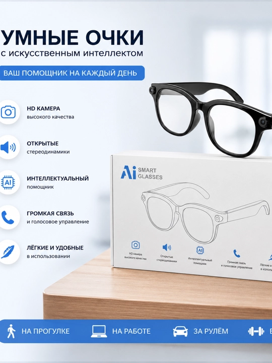 AI Aqlli Ko‘zoynak – Kamera, Bluetooth va Ovozli Yordamchi bilan Smart Glasses - 