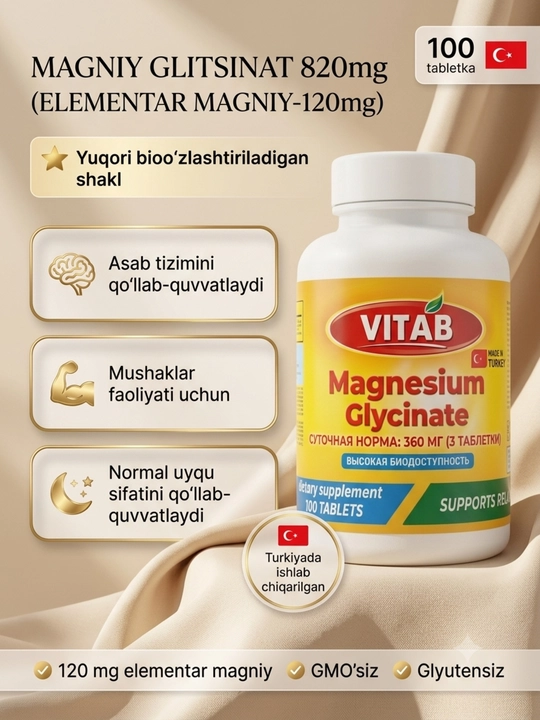 VITAB Magniy Glitsinati 820 mg / 120 mg elementar magniy, 100 tabletka - 