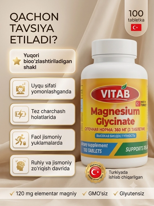 VITAB Magniy Glitsinati 820 mg / 120 mg elementar magniy, 100 tabletka