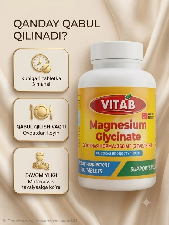 VITAB Magniy Glitsinati 820 mg / 120 mg elementar magniy, 100 tabletka
