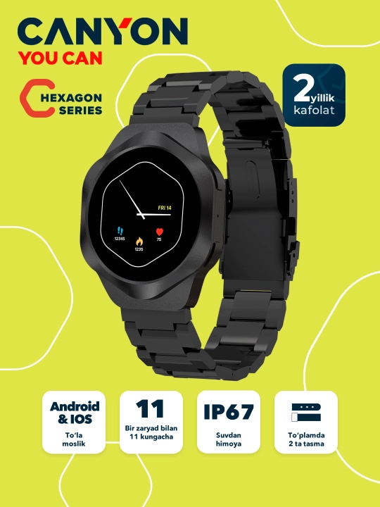 Smart soati Canyon Hexagon SW-88 AMOLED, qo‘ng‘iroqlar, qo‘shaloq tasma - 
