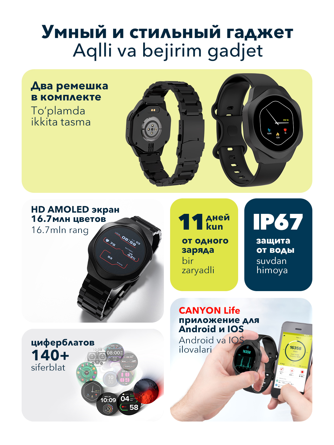Смарт-часы Canyon Hexagon SW-88 AMOLED, с функцией звонков и двумя ремешками