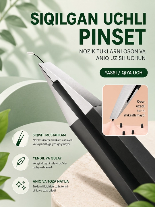 Qosh va yuz uchun professional pinsetlar to‘plami, 4 dona, g‘ilofli