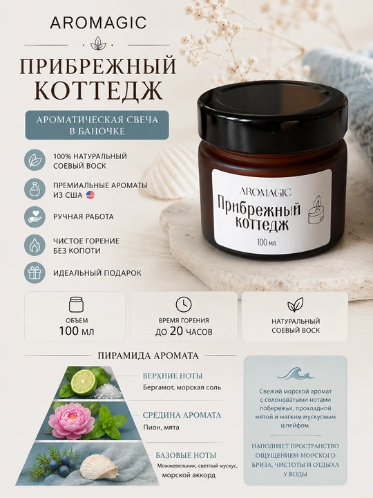 Ароматическая свеча в баночке AROMAGIC "Прибрежный коттедж", 100 мл - 