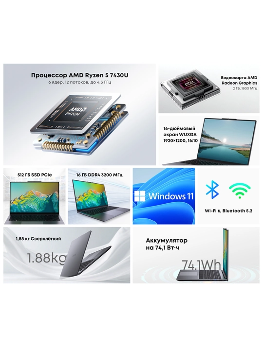 Ноутбук Chuwi CoreBook Plus, IPS экран, 16GB RAM, SSD 512ГБ, Windows 11