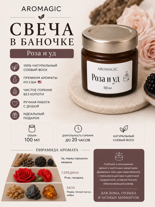 Ароматическая свеча в баночке AROMAGIC "Роза и уд", 100 мл - 