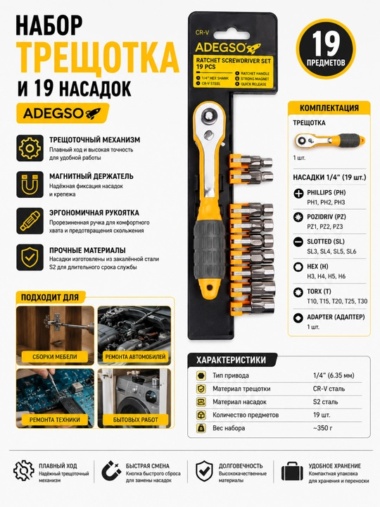 Набор трещотка и 19 насадок ADEGSO AD-50577 - 