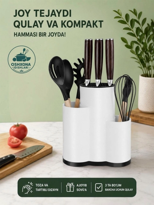Pichoq va qoshiqlar uchun 3 bo‘limli organayzer,pichoq podstafka