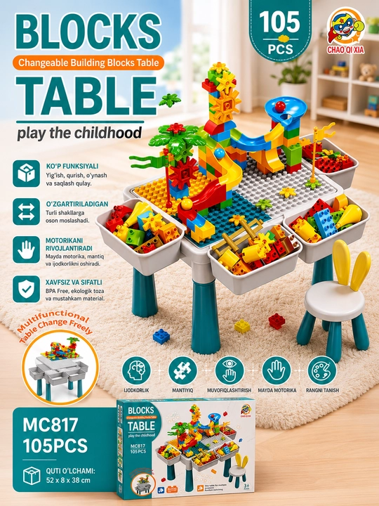 Bolalar uchun LEGO konstruktor stoli 105 qismli, o‘rindiqli,  o‘yin va qurish stoli - 