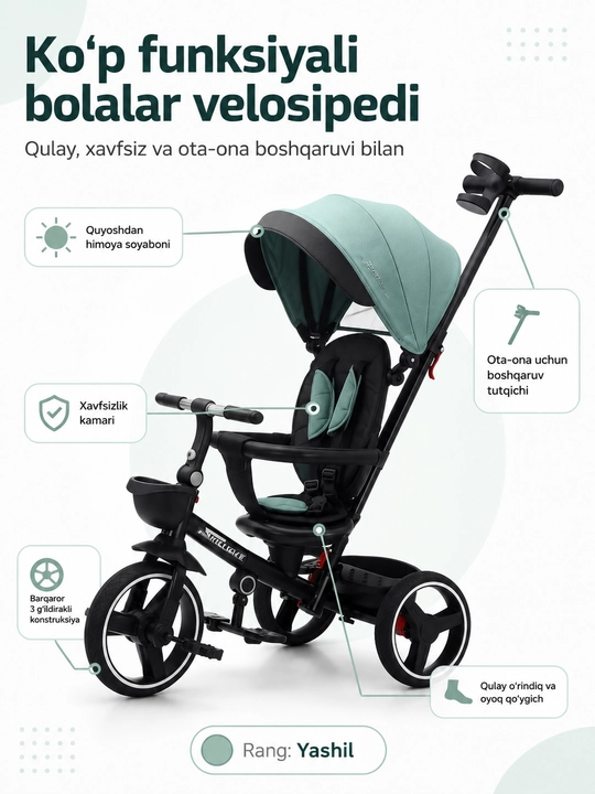 BolaDrive bolalar uch g‘ildirakli velosipedi, ota-ona tutqichi va soyabonli
