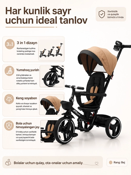 BolaDrive bolalar uch g‘ildirakli velosipedi, ota-ona tutqichi va soyabonli
