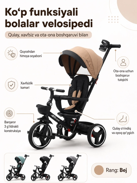 BolaDrive bolalar uch g‘ildirakli velosipedi, ota-ona tutqichi va soyabonli