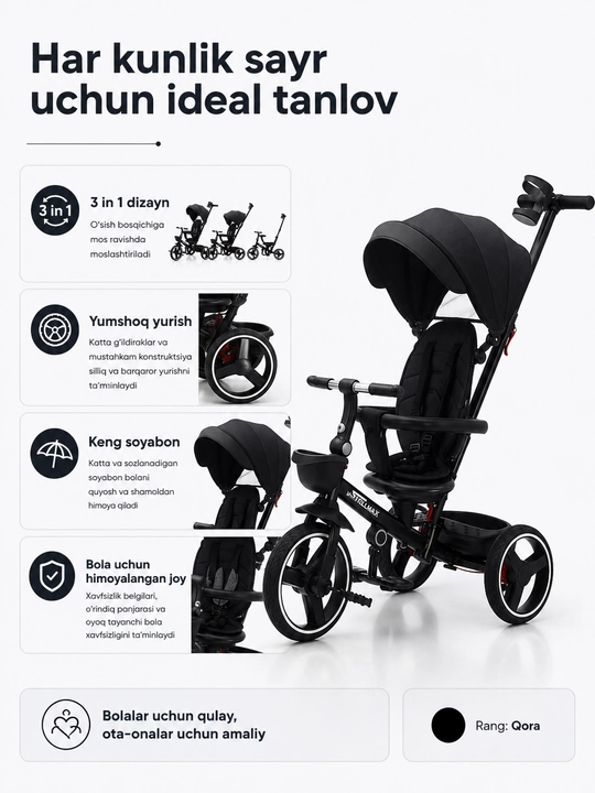 BolaDrive bolalar uch g‘ildirakli velosipedi, ota-ona tutqichi va soyabonli