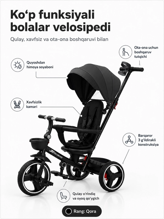 BolaDrive bolalar uch g‘ildirakli velosipedi, ota-ona tutqichi va soyabonli
