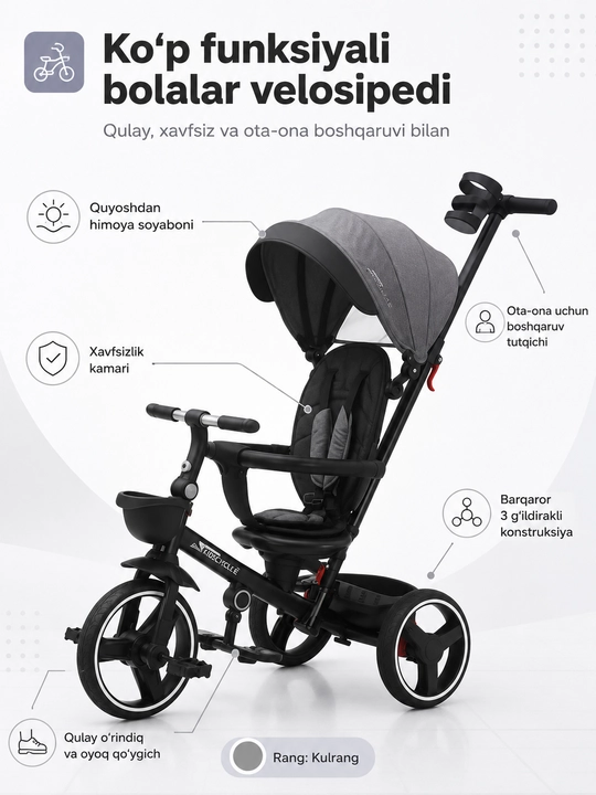 BolaDrive bolalar uch g‘ildirakli velosipedi, ota-ona tutqichi va soyabonli