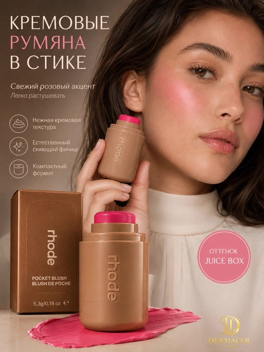 Кремовые румяна стик для лица и губ RHODE Pocket Blush JUISY BOX ярко-розовый оттенок - 