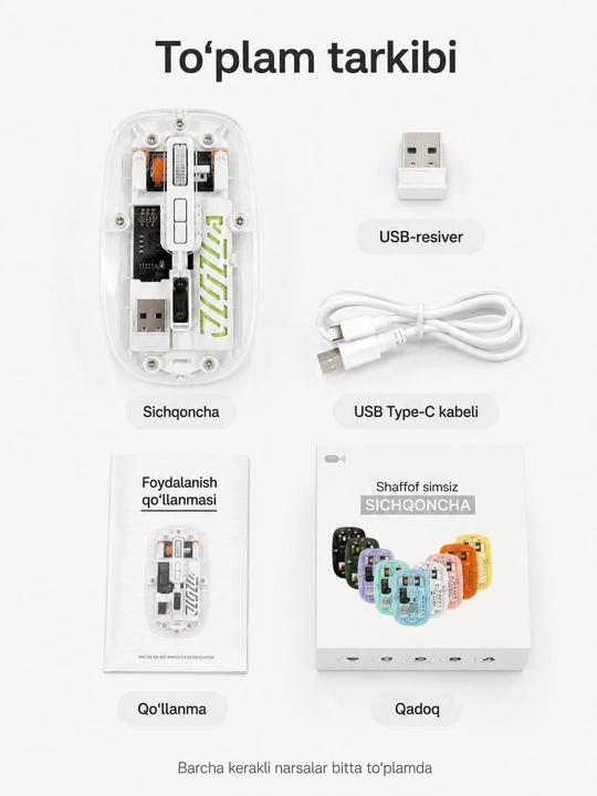 Shaffof simsiz sichqoncha, Bluetooth 5.2 va 2.4G, Type-C quvvatlash