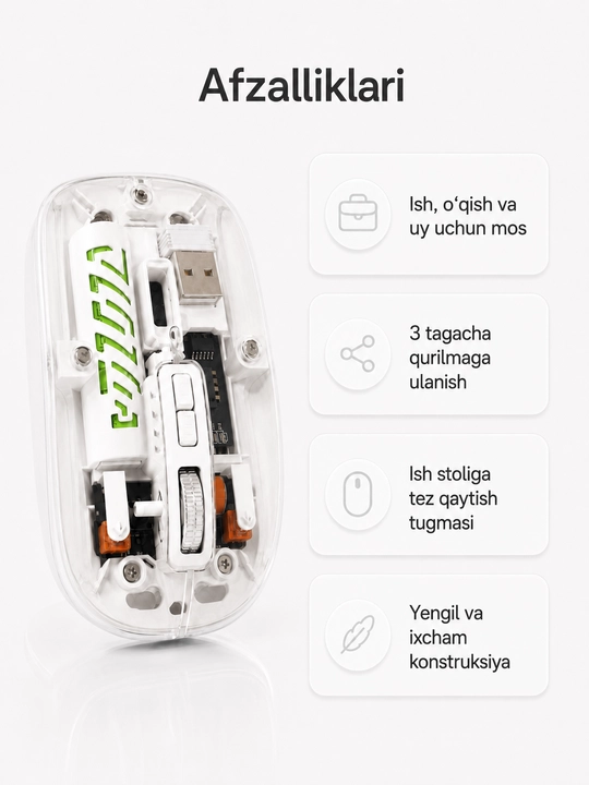 Shaffof simsiz sichqoncha, Bluetooth 5.2 va 2.4G, Type-C quvvatlash