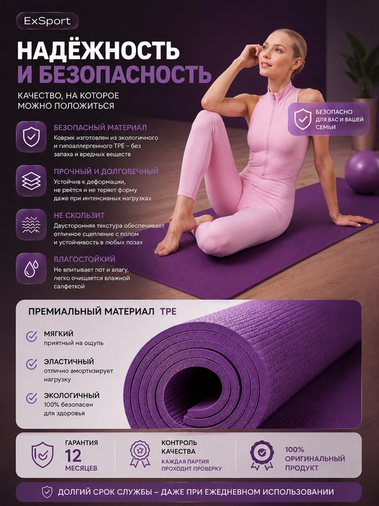 Коврик для йоги, фитнес коврик, спортивный мат, коврик для упражнений, нескользящий коврик