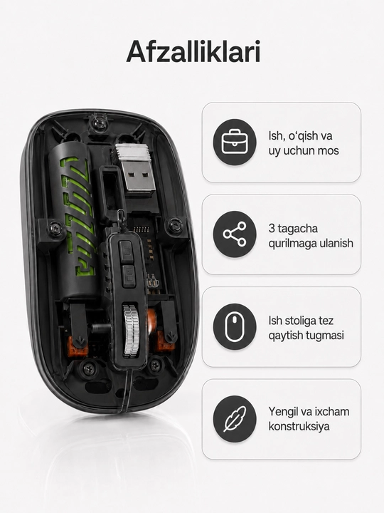 Shaffof simsiz sichqoncha, Bluetooth 5.2 va 2.4G, Type-C quvvatlash