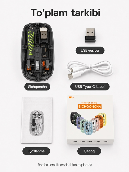 Shaffof simsiz sichqoncha, Bluetooth 5.2 va 2.4G, Type-C quvvatlash