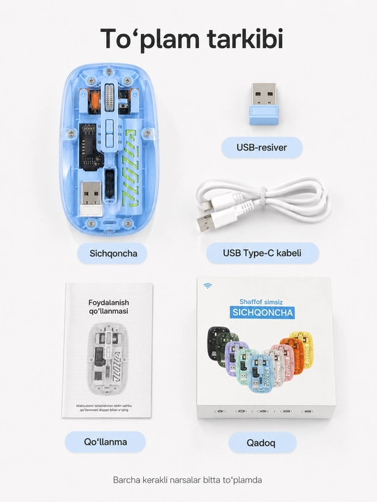 Shaffof simsiz sichqoncha, Bluetooth 5.2 va 2.4G, Type-C quvvatlash