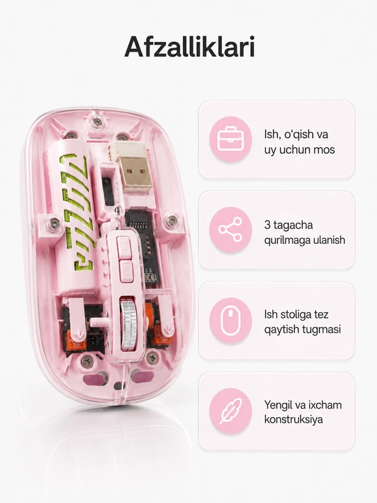 Shaffof simsiz sichqoncha, Bluetooth 5.2 va 2.4G, Type-C quvvatlash