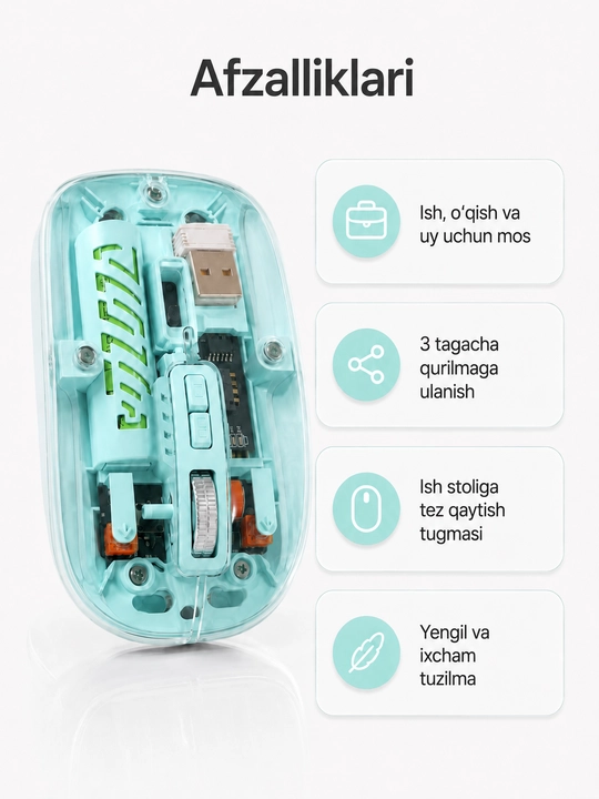 Shaffof simsiz sichqoncha, Bluetooth 5.2 va 2.4G, Type-C quvvatlash