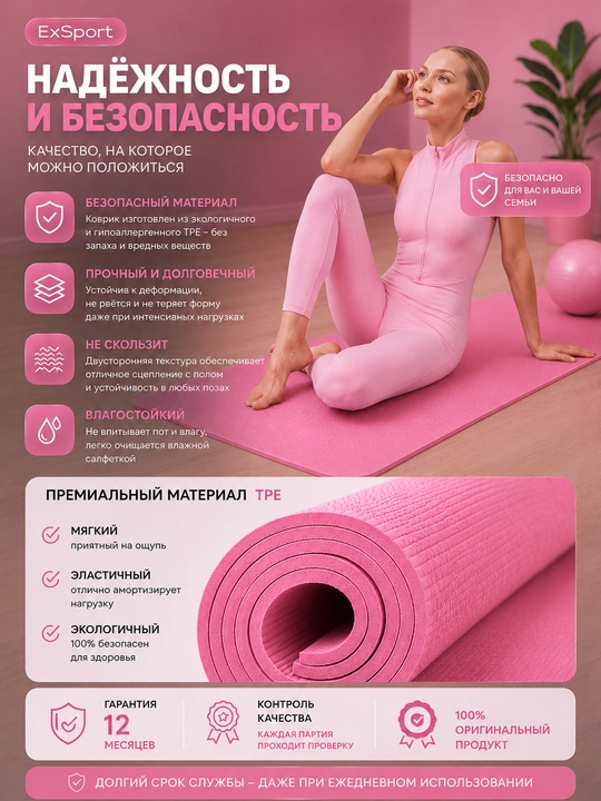 Коврик для йоги, фитнес коврик, спортивный мат, коврик для упражнений, нескользящий коврик