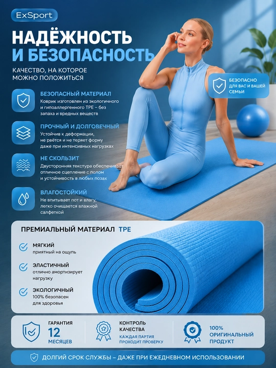 Коврик для йоги, фитнес коврик, спортивный мат, коврик для упражнений, нескользящий коврик