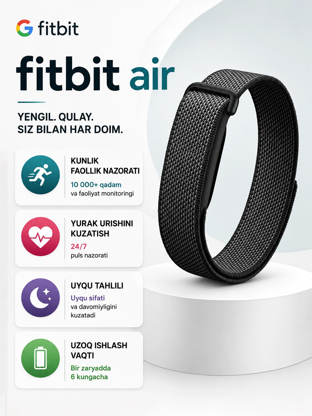 Google Fitbit Air fitness tracker uyqu yurak nafas SpO2 AI coach 7 kun batareya 2