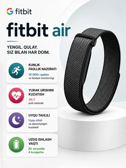 Google Fitbit Air fitness tracker uyqu yurak nafas SpO2 AI coach 7 kun batareya 2