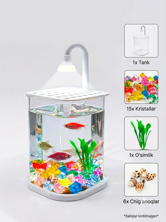 LED yoritgichli mini-akvarium - uy va ofis uchun stol usti akvariumi