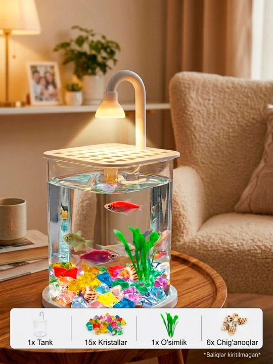 LED yoritgichli mini-akvarium - uy va ofis uchun stol usti akvariumi - 