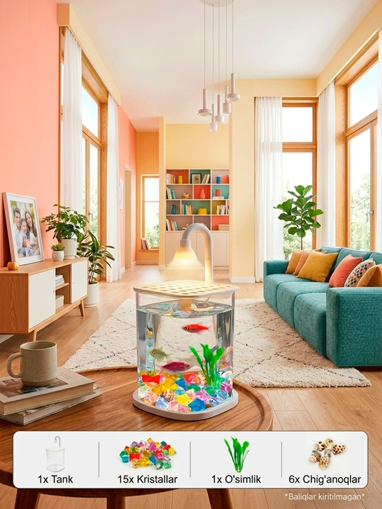 LED yoritgichli mini-akvarium - uy va ofis uchun stol usti akvariumi