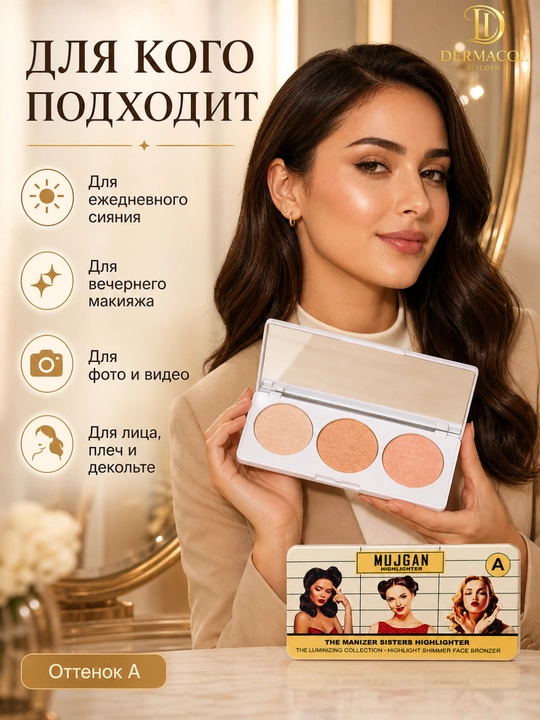 Хайлайтер бронзер для лица светящий эффект шиммер палетка MUJGAN Highlighter A
