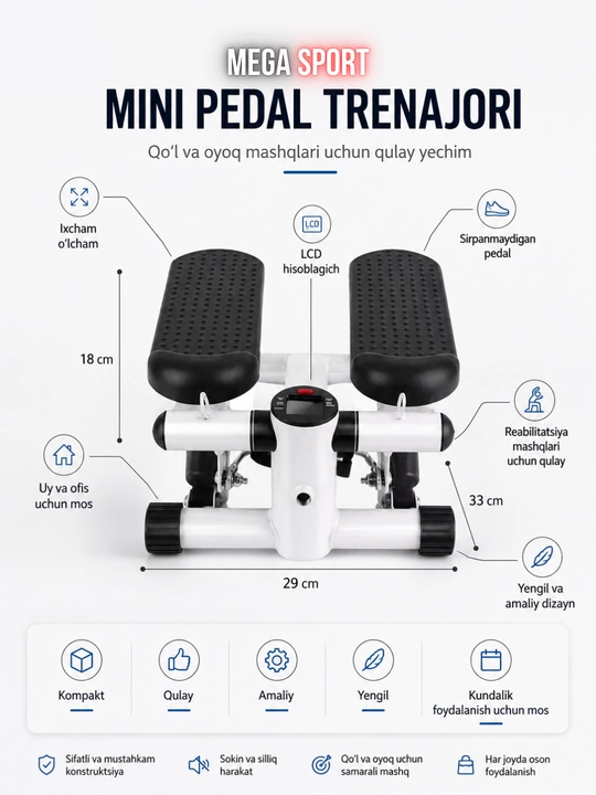 Mini stepper trenajyori, uy sharoitida kardio mashq uchun