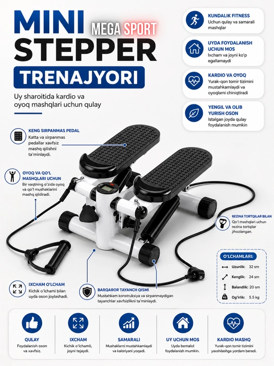 Mini stepper trenajyori, uy sharoitida kardio mashq uchun